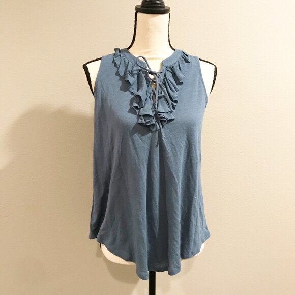 LOFT NWT Blue Ruffle Lace Up Shell Tank Top Blouse Womens XS - Picture 1 of 9